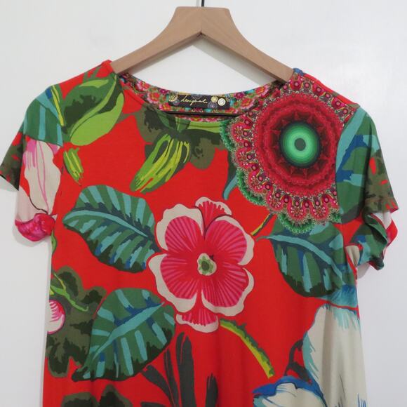 Desigual Womens Sz S Tropical Floral Print Sidetail Tee Short Sleeve Trapeze Top - Picture 3 of 7